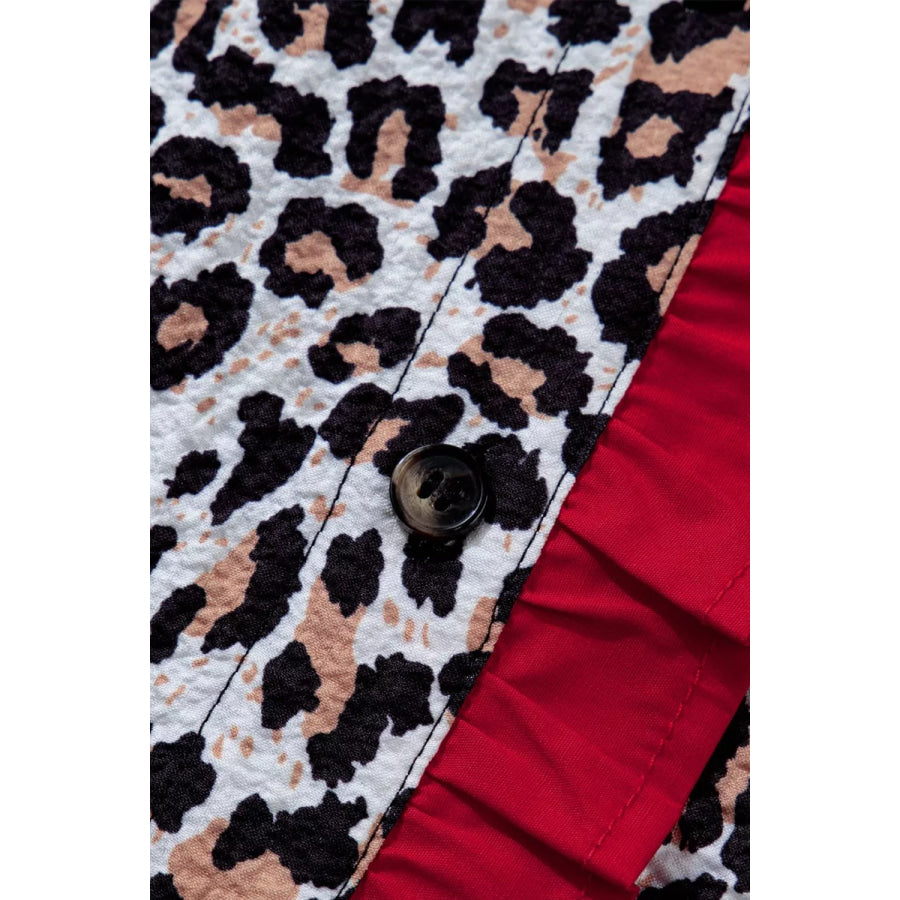 Contrast Frilled V Neck Trimmed Leopard Shirt Apparel and Accessories
