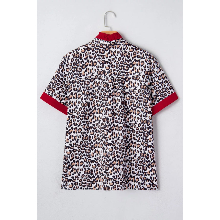 Contrast Frilled V Neck Trimmed Leopard Shirt Apparel and Accessories