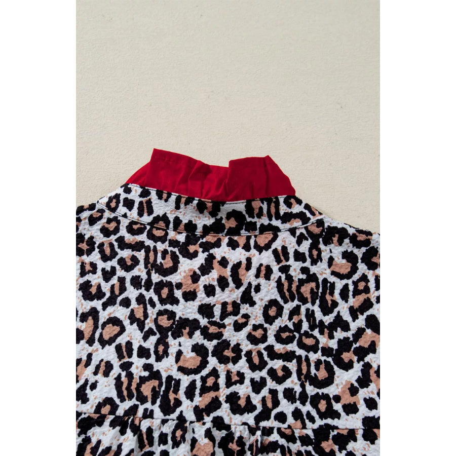 Contrast Frilled V Neck Trimmed Leopard Shirt Apparel and Accessories