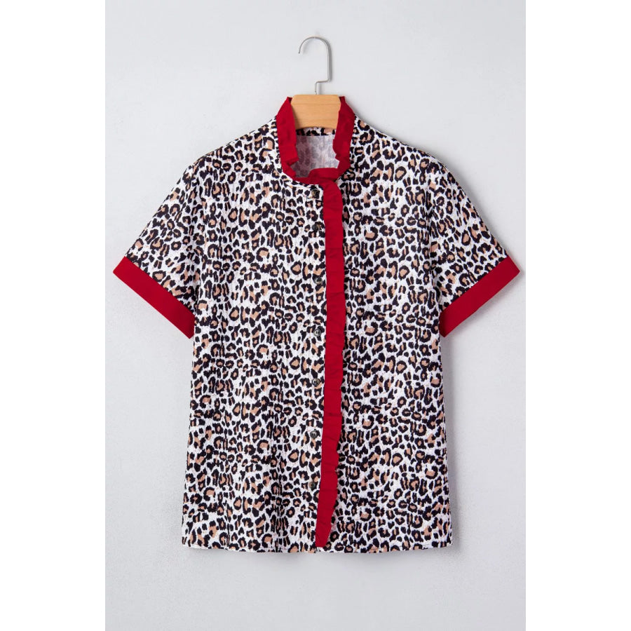 Contrast Frilled V Neck Trimmed Leopard Shirt Apparel and Accessories