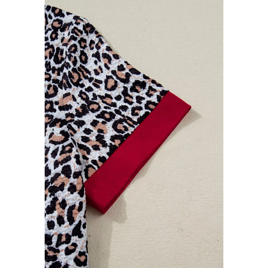 Contrast Frilled V Neck Trimmed Leopard Shirt Apparel and Accessories