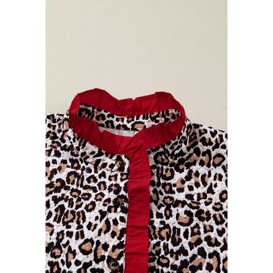 Contrast Frilled V Neck Trimmed Leopard Shirt Apparel and Accessories