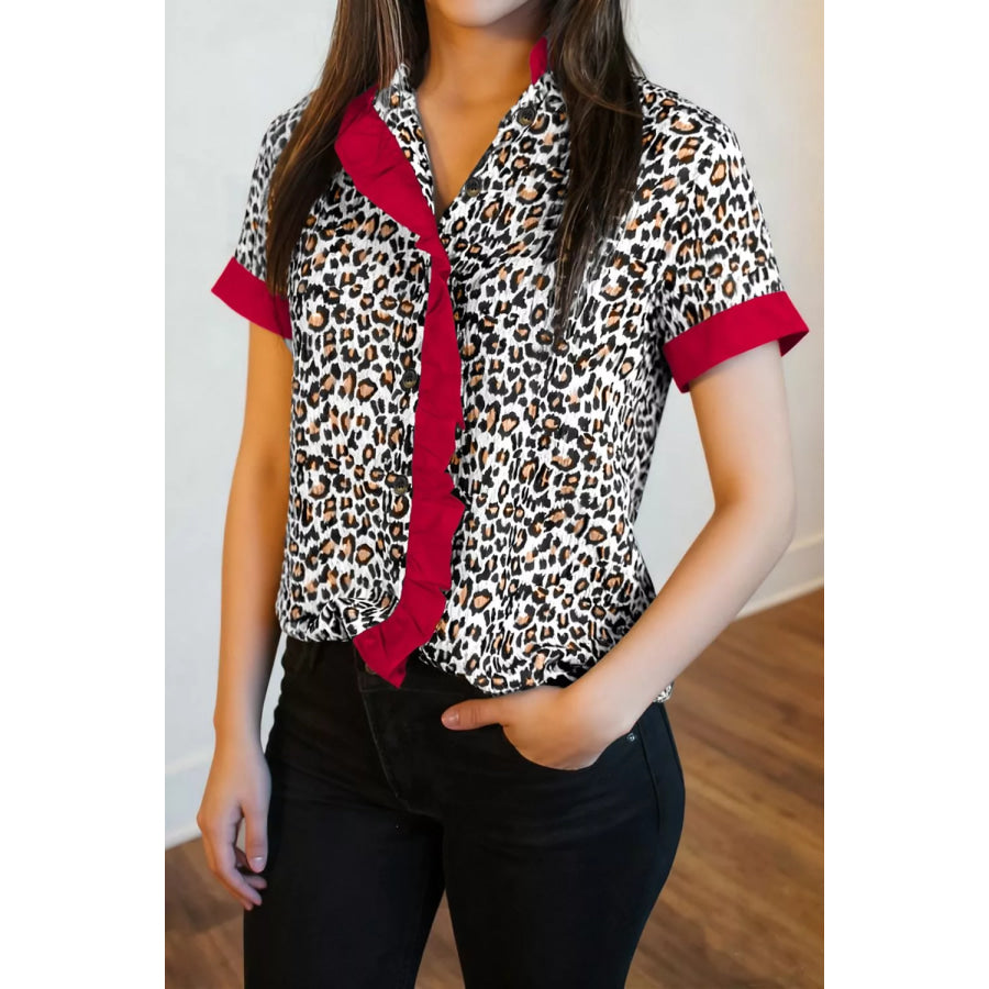 Contrast Frilled V Neck Trimmed Leopard Shirt Burgundy / S Apparel and Accessories