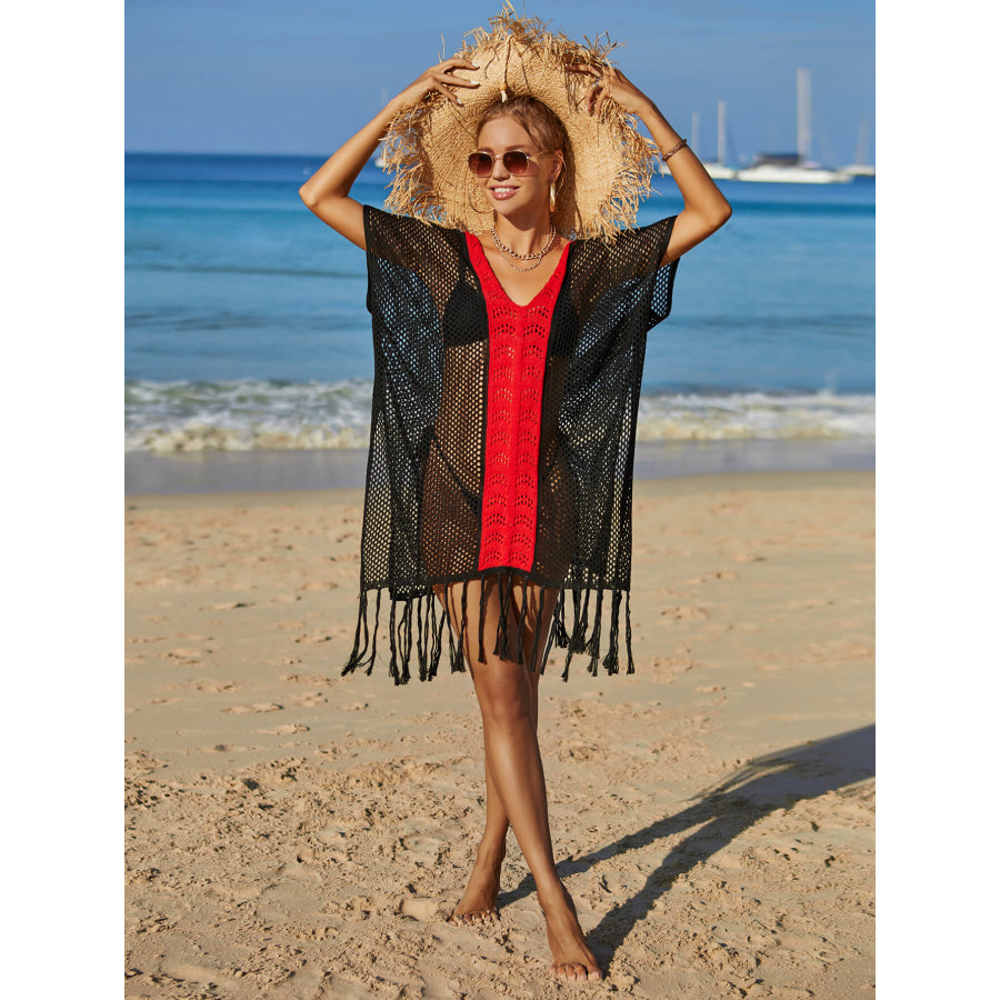 Contrast Fringe Trim Openwork Cover-Up Dress Black/Red / One Size