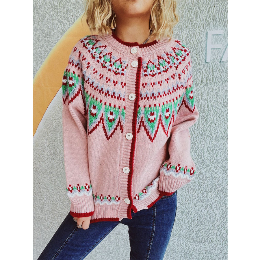 Contrast Geometric Round Neck Long Sleeve Cardigan Blush Pink / One Size Apparel and Accessories