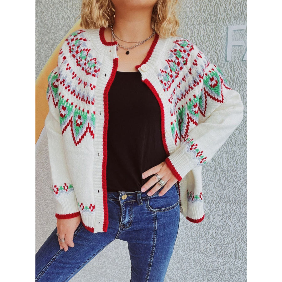 Contrast Geometric Round Neck Long Sleeve Cardigan White / One Size Apparel and Accessories