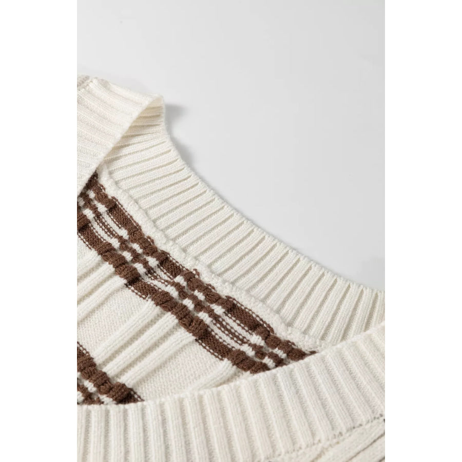 Contrast Geometric Textured Knit V Neck Cropped Sweater Vest Apparel and Accessories