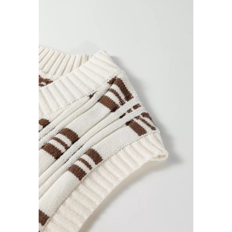 Contrast Geometric Textured Knit V Neck Cropped Sweater Vest Apparel and Accessories