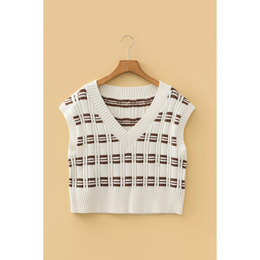 Contrast Geometric Textured Knit V Neck Cropped Sweater Vest Apparel and Accessories