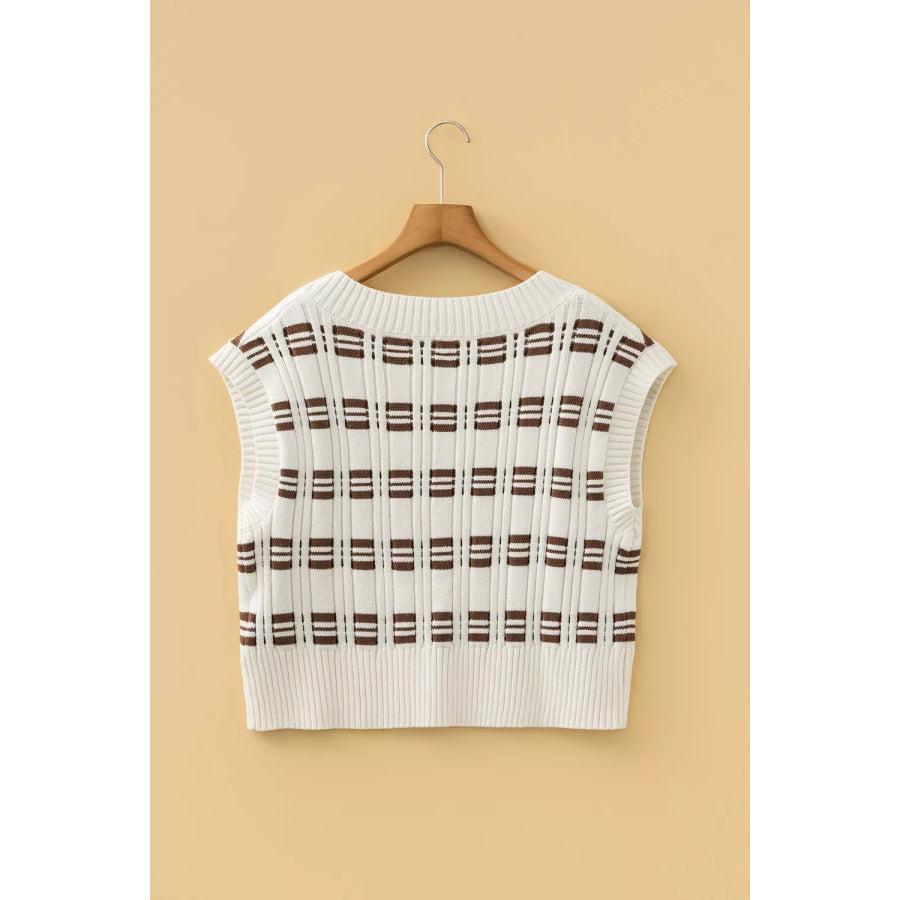 Contrast Geometric Textured Knit V Neck Cropped Sweater Vest Apparel and Accessories