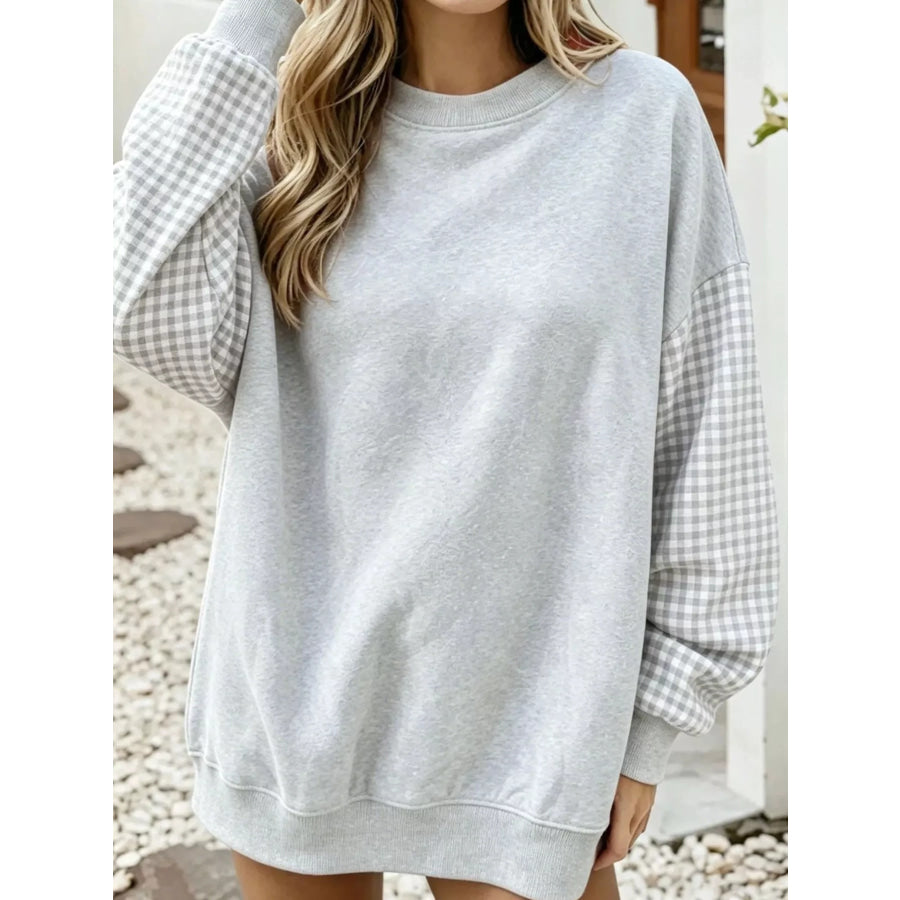 Contrast Gingham Long Sleeve Sweatshirt Apparel and Accessories