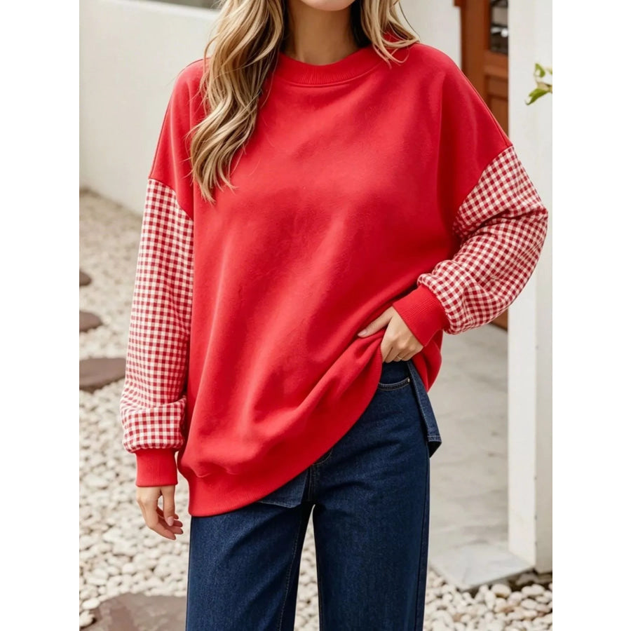 Contrast Gingham Long Sleeve Sweatshirt Apparel and Accessories