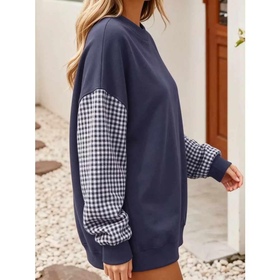 Contrast Gingham Long Sleeve Sweatshirt Apparel and Accessories