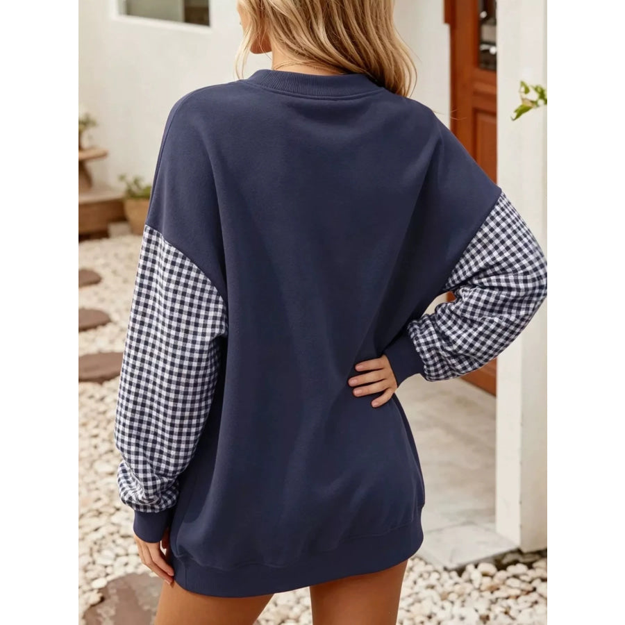 Contrast Gingham Long Sleeve Sweatshirt Apparel and Accessories