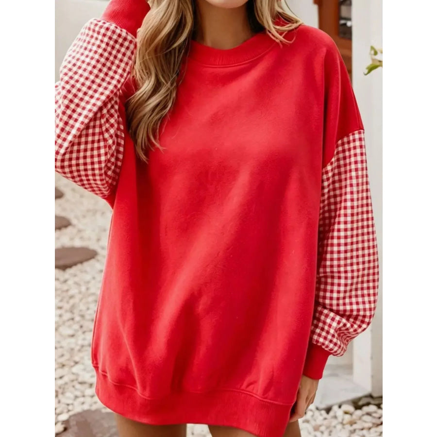 Contrast Gingham Long Sleeve Sweatshirt Apparel and Accessories