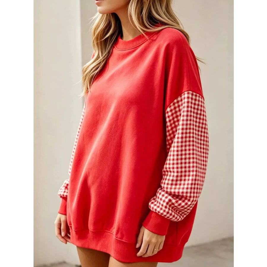 Contrast Gingham Long Sleeve Sweatshirt Apparel and Accessories
