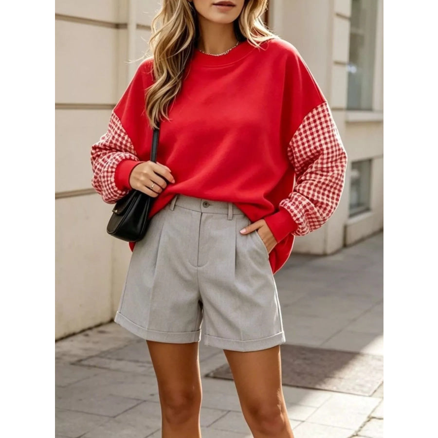 Contrast Gingham Long Sleeve Sweatshirt Apparel and Accessories