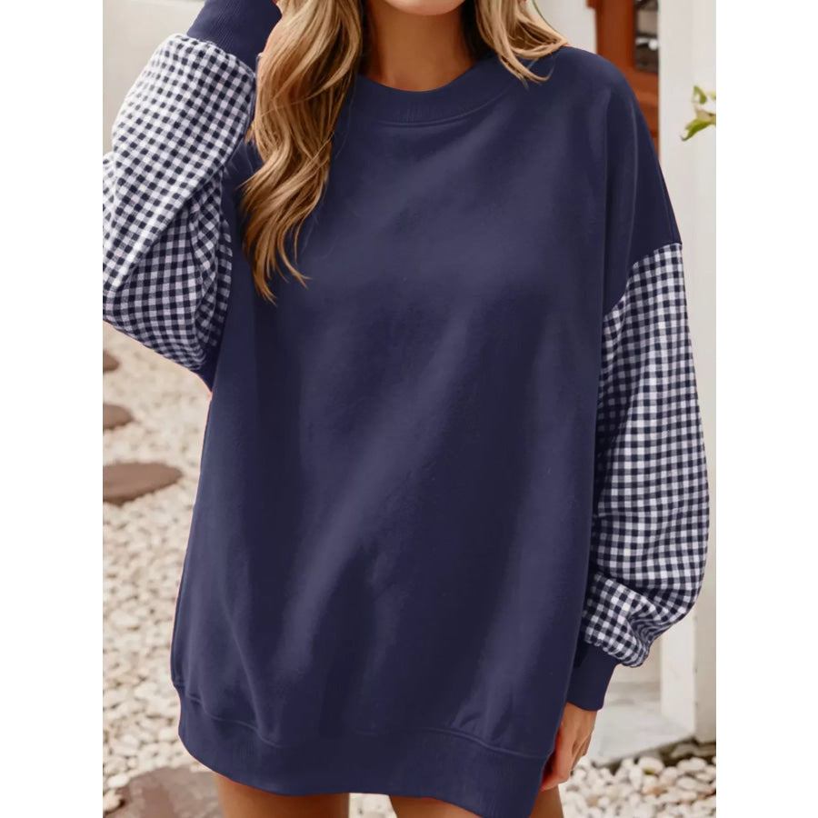 Contrast Gingham Long Sleeve Sweatshirt Navy Blue / S Apparel and Accessories