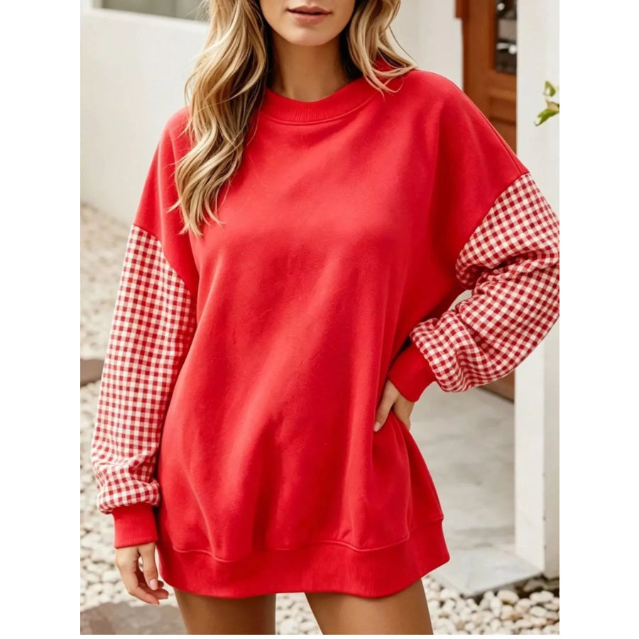Contrast Gingham Long Sleeve Sweatshirt Red / S Apparel and Accessories