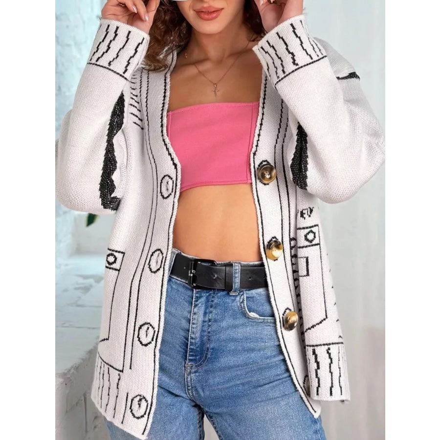 Contrast Graphic V-Neck Button-Down Cardigan Apparel and Accessories