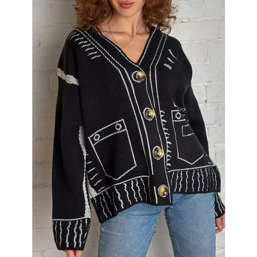 Contrast Graphic V-Neck Button-Down Cardigan Apparel and Accessories