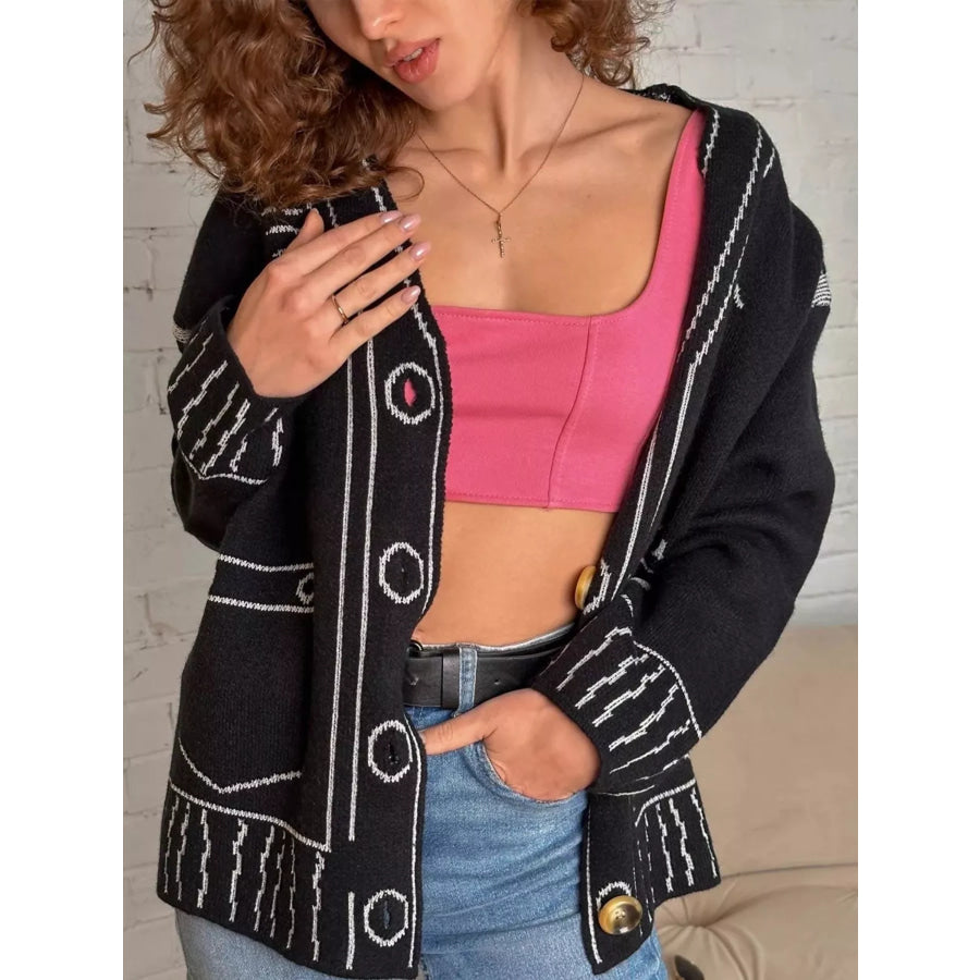 Contrast Graphic V-Neck Button-Down Cardigan Black / S Apparel and Accessories