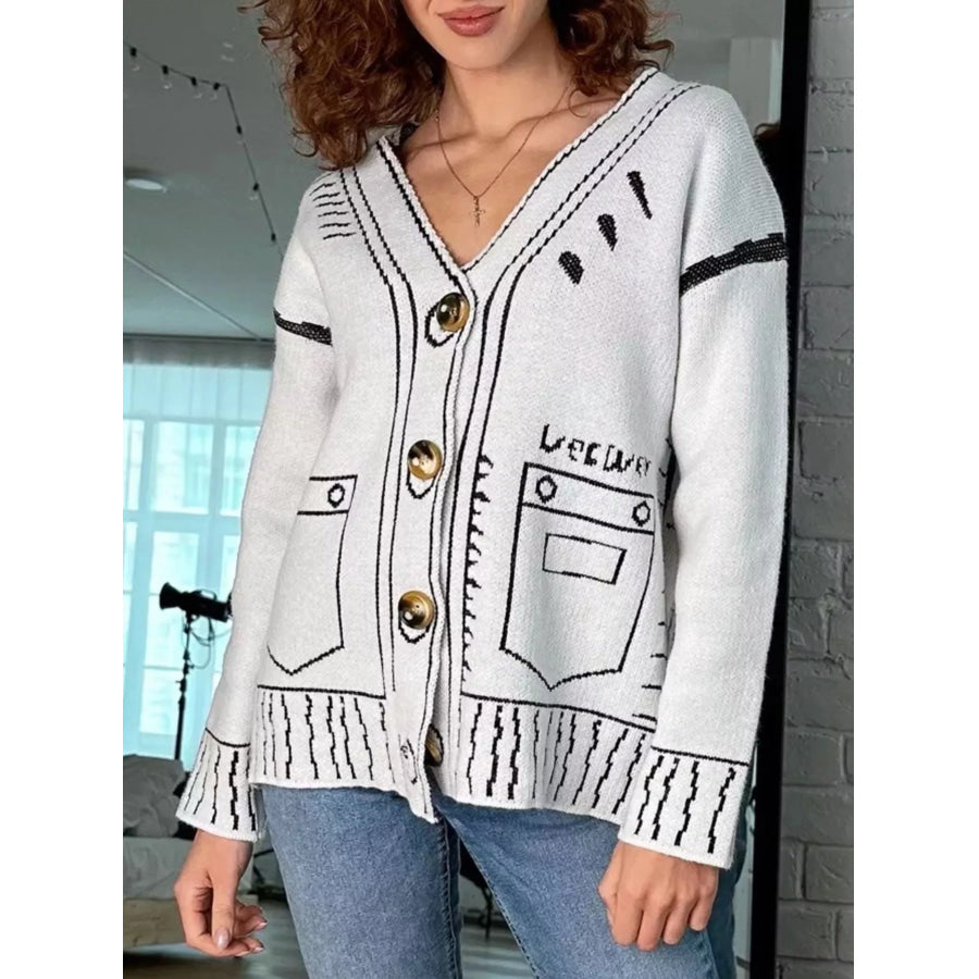 Contrast Graphic V-Neck Button-Down Cardigan White / S Apparel and Accessories