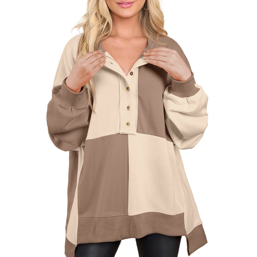 Contrast Half Button Long Sleeve Sweatshirt Taupe / S Apparel and Accessories