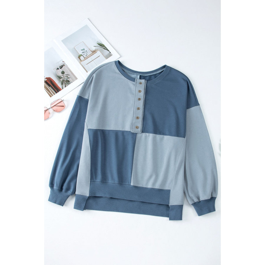 Contrast Half Button Long Sleeve Sweatshirt Apparel and Accessories