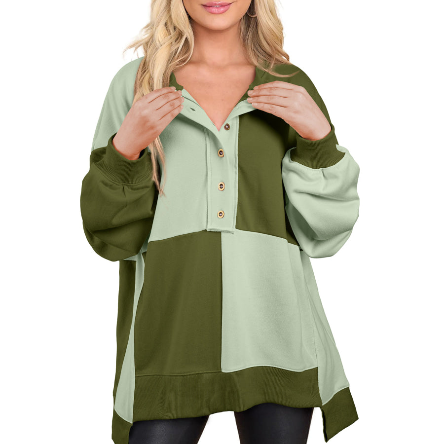 Contrast Half Button Long Sleeve Sweatshirt Army Green / S Apparel and Accessories