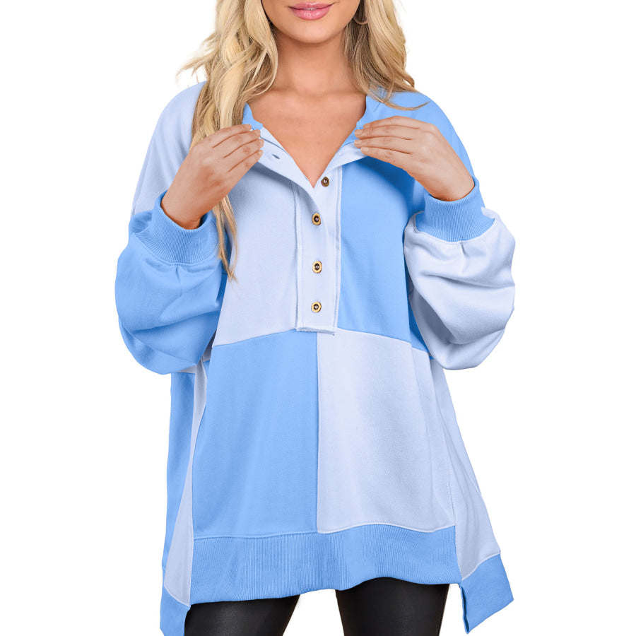 Contrast Half Button Long Sleeve Sweatshirt Light Blue / S Apparel and Accessories