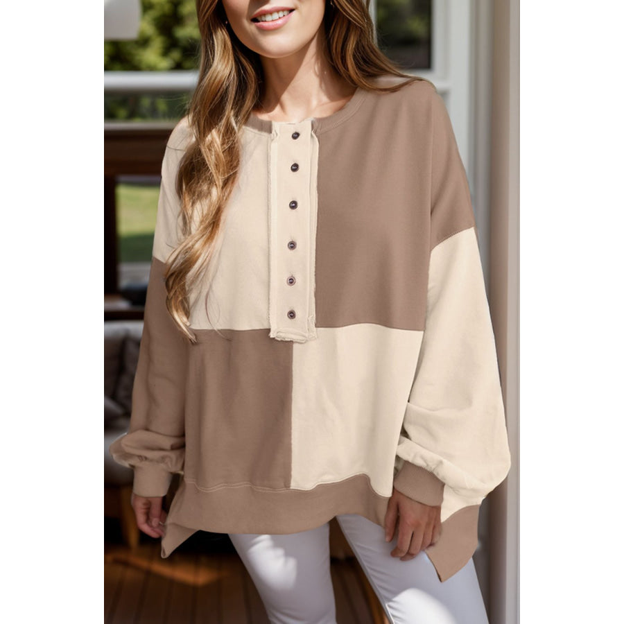 Contrast Half Button Long Sleeve Sweatshirt Taupe / S Apparel and Accessories