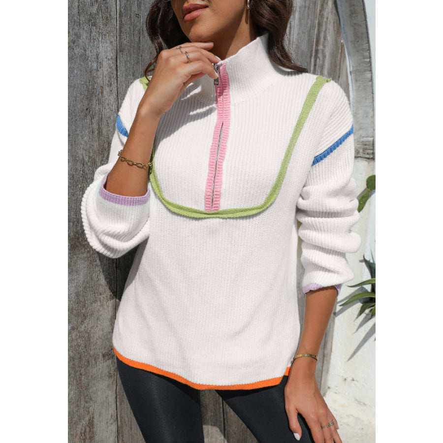 Contrast Half Zip Drop Shoulder Sweater Apparel and Accessories