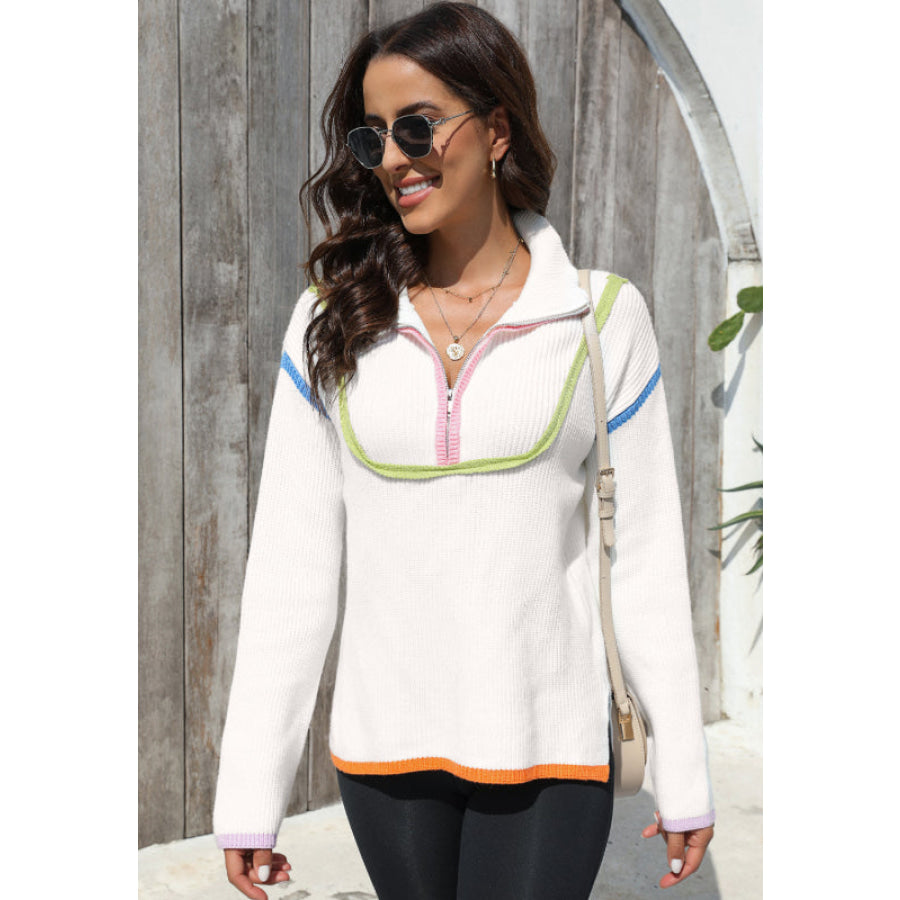 Contrast Half Zip Drop Shoulder Sweater Apparel and Accessories