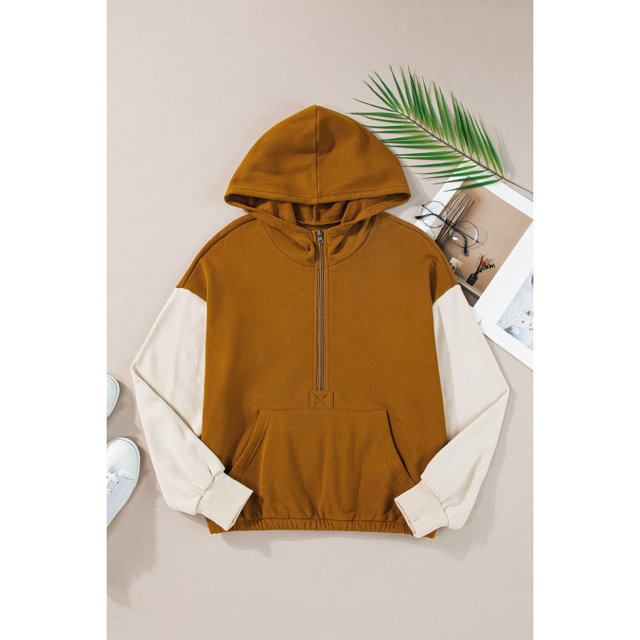 Contrast Half Zip Long Sleeve Hoodie Apparel and Accessories