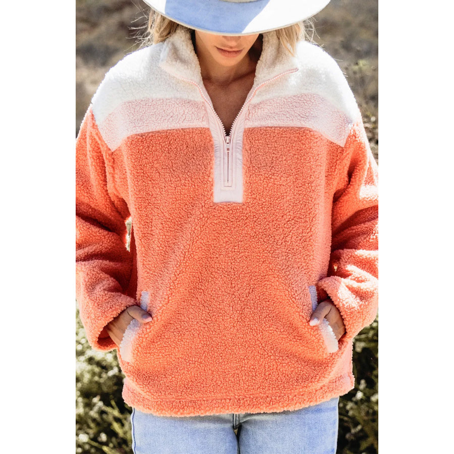 Contrast Half Zip Long Sleeve Sweatshirt Orange / S Apparel and Accessories