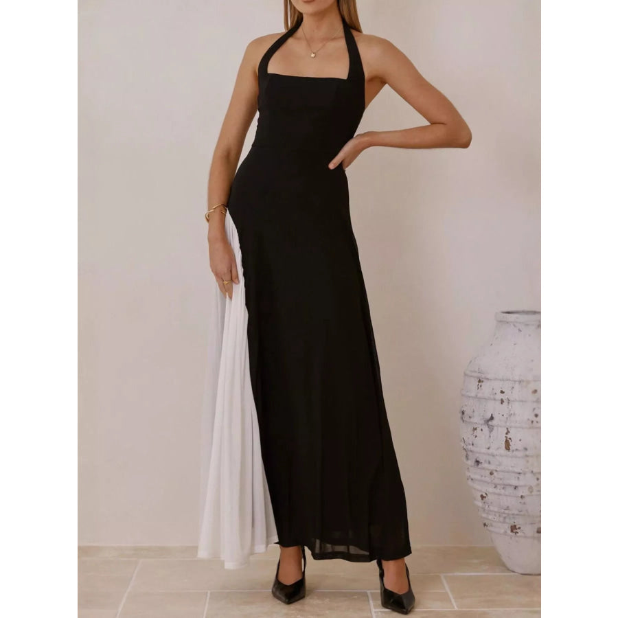 Contrast Halter Neck Maxi Dress Apparel and Accessories