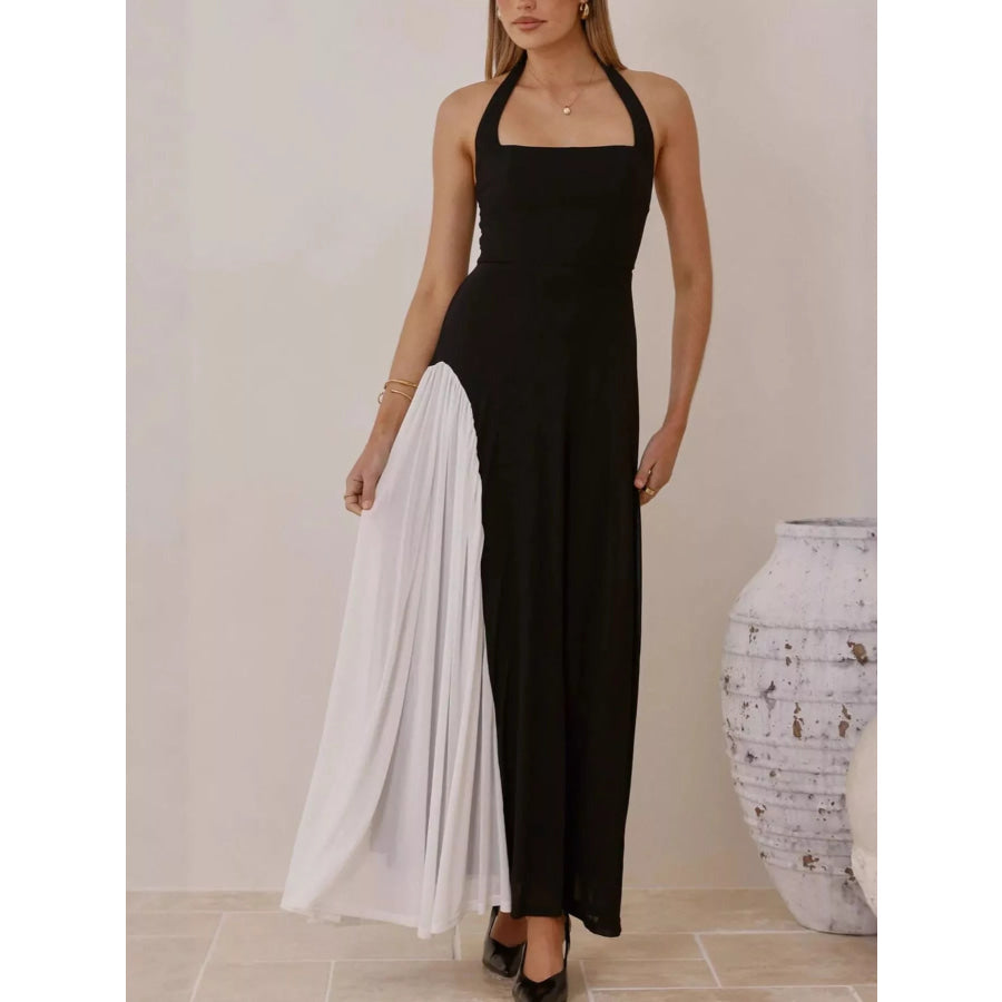 Contrast Halter Neck Maxi Dress Apparel and Accessories