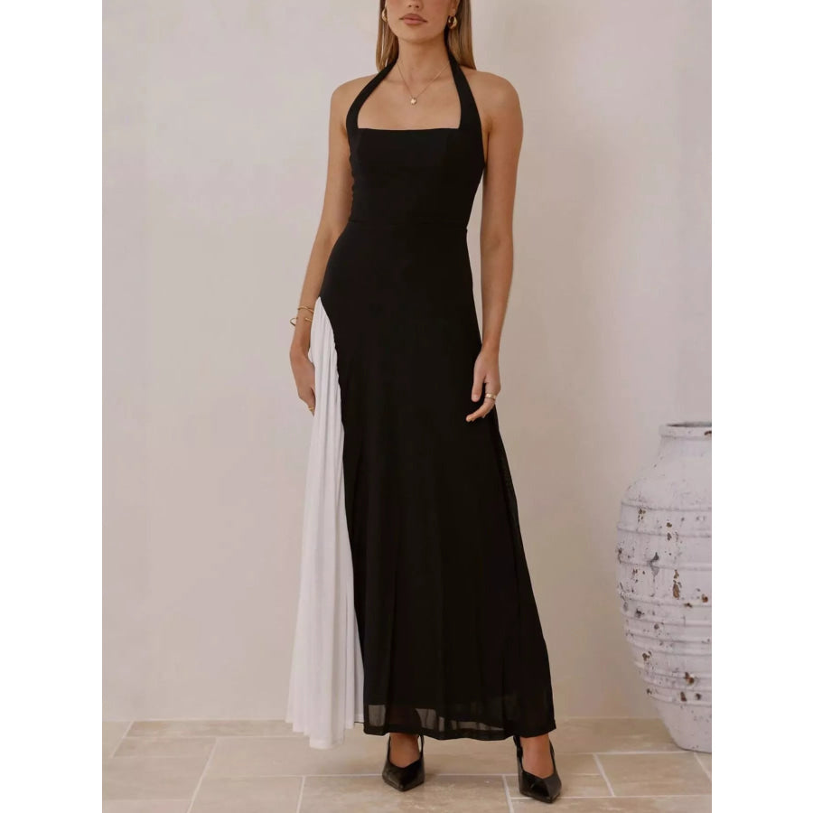 Contrast Halter Neck Maxi Dress Black / S Apparel and Accessories
