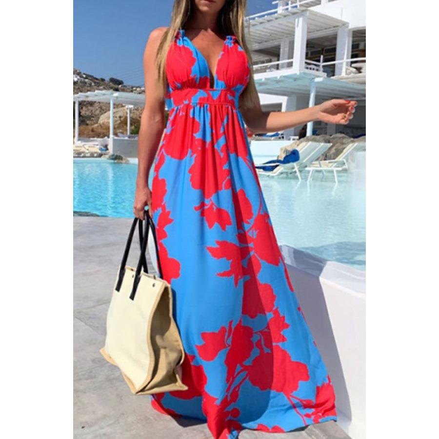 Contrast Halter Neck Maxi Dress Blue/Red / S