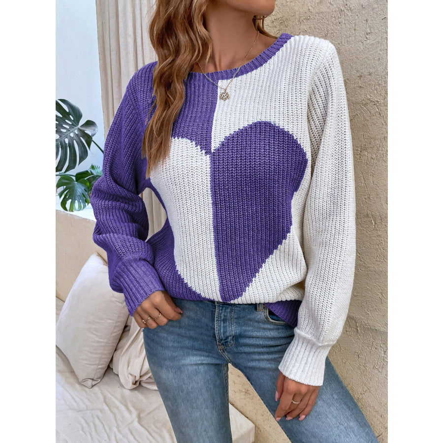 Contrast Heart Round Neck Long Sleeve Sweater Apparel and Accessories