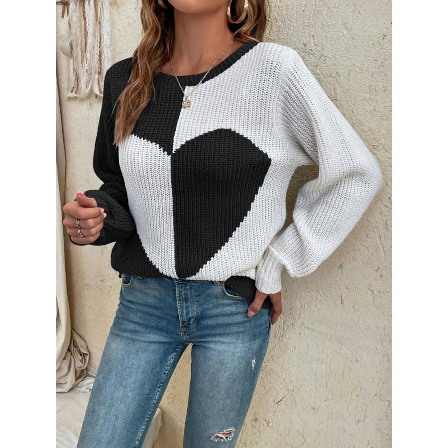 Contrast Heart Round Neck Long Sleeve Sweater Apparel and Accessories