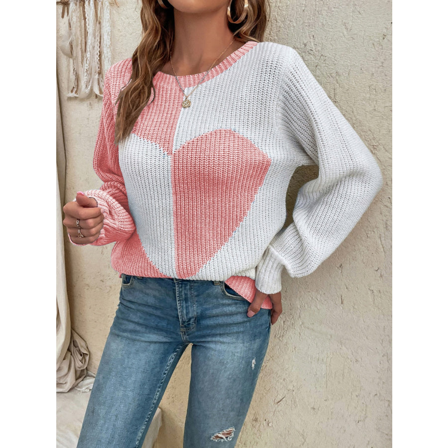 Contrast Heart Round Neck Long Sleeve Sweater Apparel and Accessories