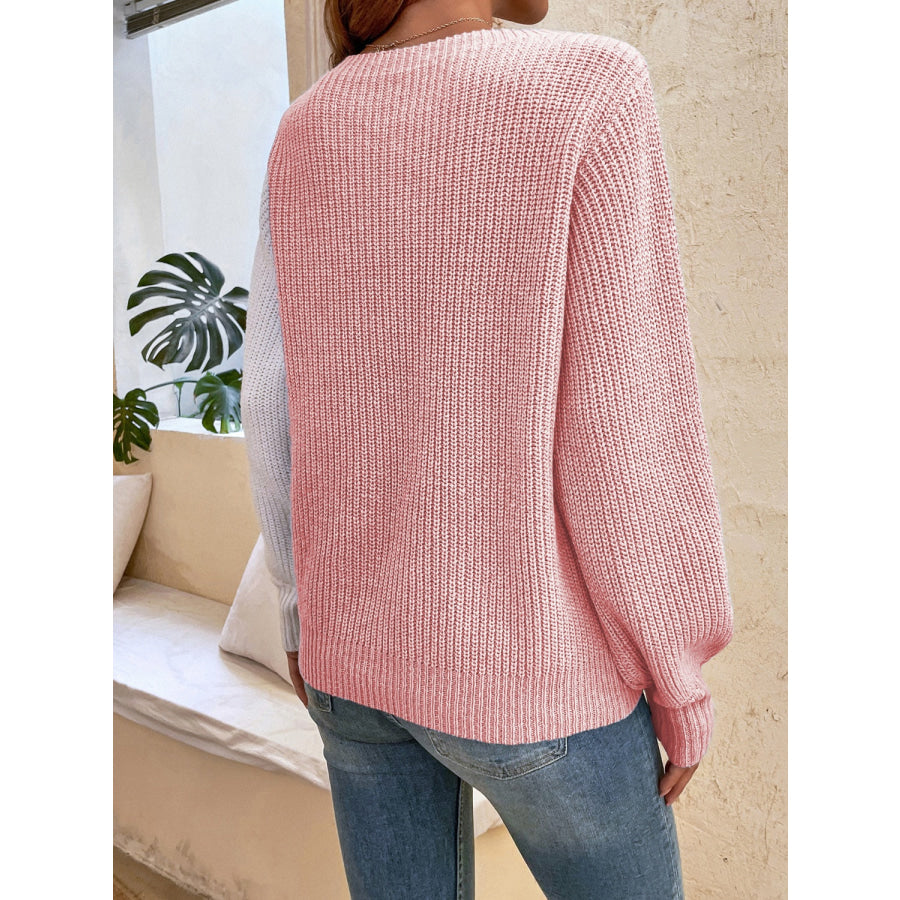 Contrast Heart Round Neck Long Sleeve Sweater Apparel and Accessories