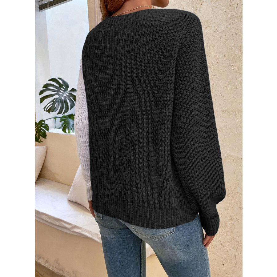 Contrast Heart Round Neck Long Sleeve Sweater Apparel and Accessories