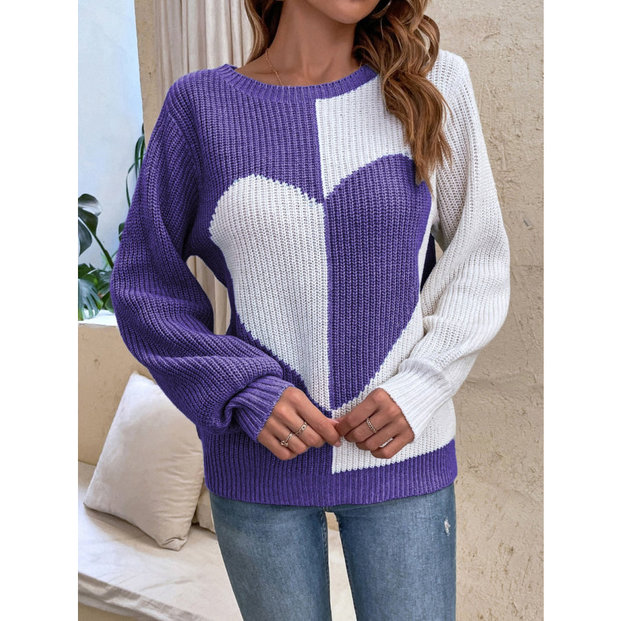 Contrast Heart Round Neck Long Sleeve Sweater Apparel and Accessories