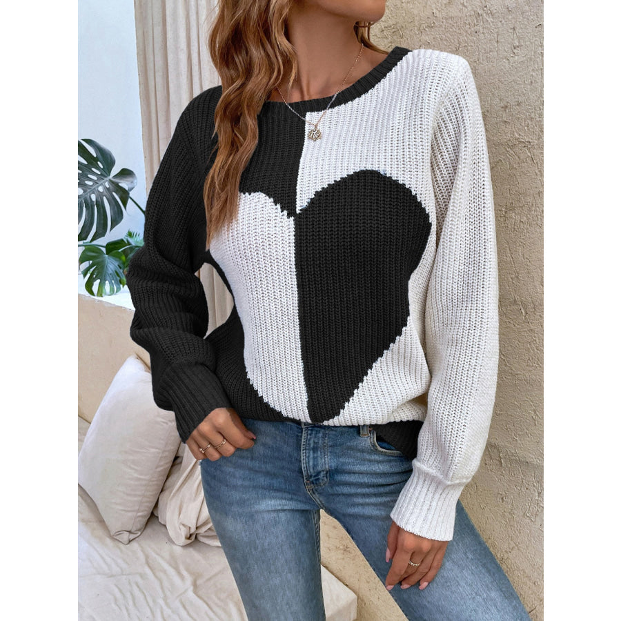 Contrast Heart Round Neck Long Sleeve Sweater Apparel and Accessories