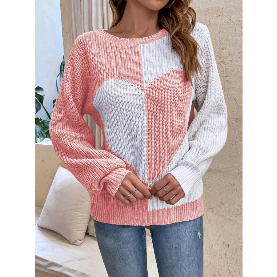 Contrast Heart Round Neck Long Sleeve Sweater Apparel and Accessories