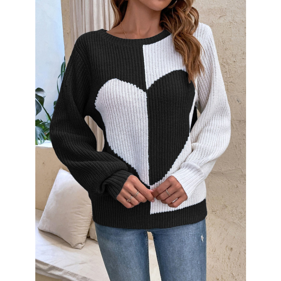 Contrast Heart Round Neck Long Sleeve Sweater Black / S Apparel and Accessories