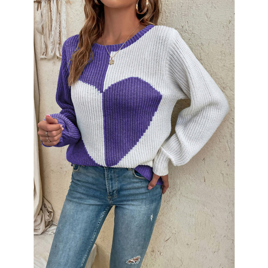 Contrast Heart Round Neck Long Sleeve Sweater Purple / S Apparel and Accessories